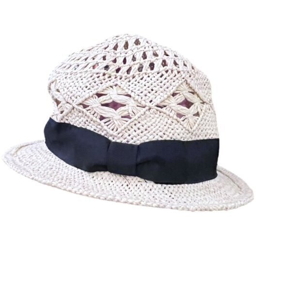 White Crochet Fedora Hat Black Bow Ribbon OS Beach Travel Cruise Vacation BOHO‎ - Picture 1 of 12